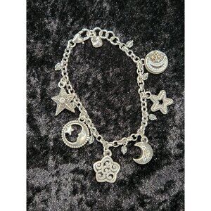 Brighton Silver-Tone Celestial Moon/Star Charm Bracelet 7.5" With Intricate Deta